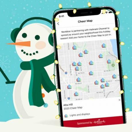 nextdoor cheer map promo, kus lumememm hoiab käes kaardiga telefoni