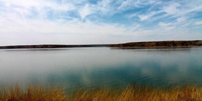 järvemaastik rohuga, meredithi järv, texas, usa