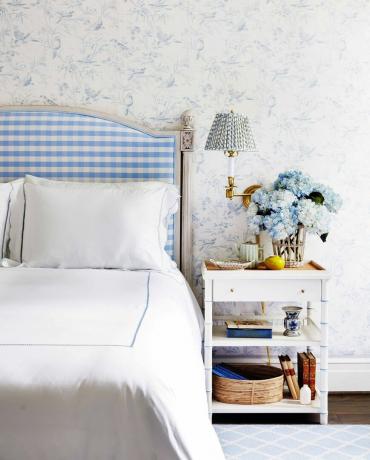 Magamistuba, sinine, mööbel, valge, voodi, tuba, sein, sisekujundus, öökapp, kollane, 